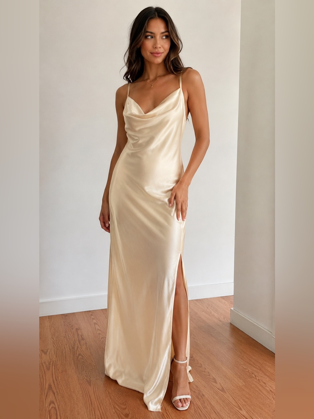 Camila Coelho Champagne Satin Cowl Sleeveless Side Slit Maxi Gown Size M
